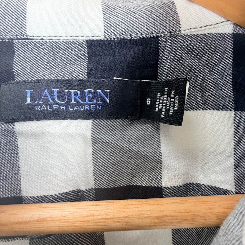 Lauren Ralph Lauren Buffalo Plaid Cotton Shirt Dress Black White 6 Preppy Midi - Picture 7 of 14